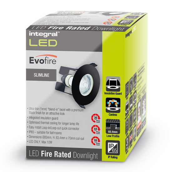 Picture of Evofire Fire Rated Downlight 70mm Cutout IP65 Black Round + GU10 Holder & Insulation Guard